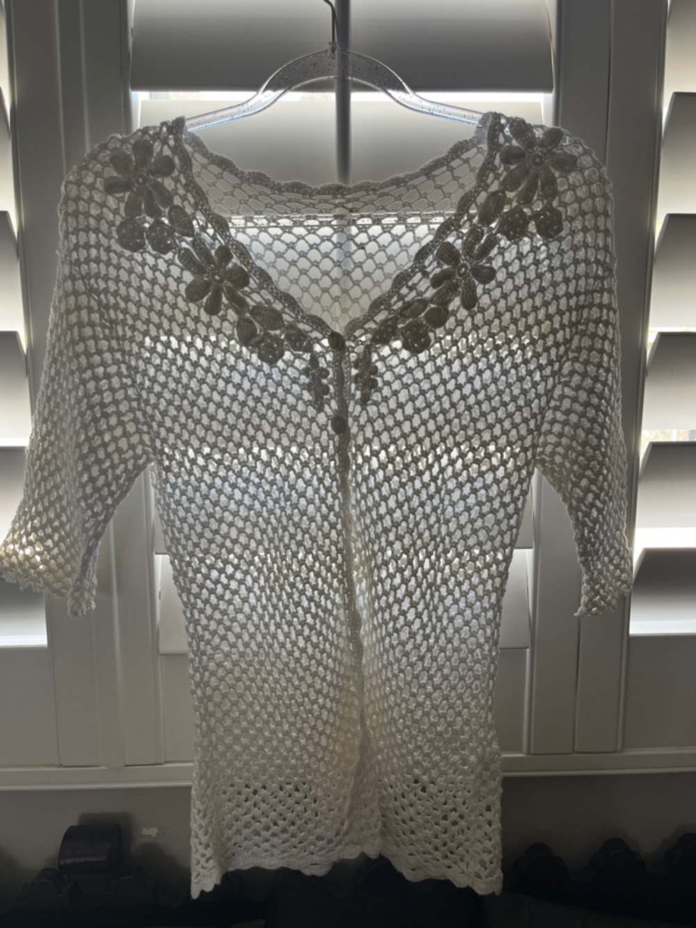 Vintage White Crochet Floral Trim Open-Weave Cardigan
